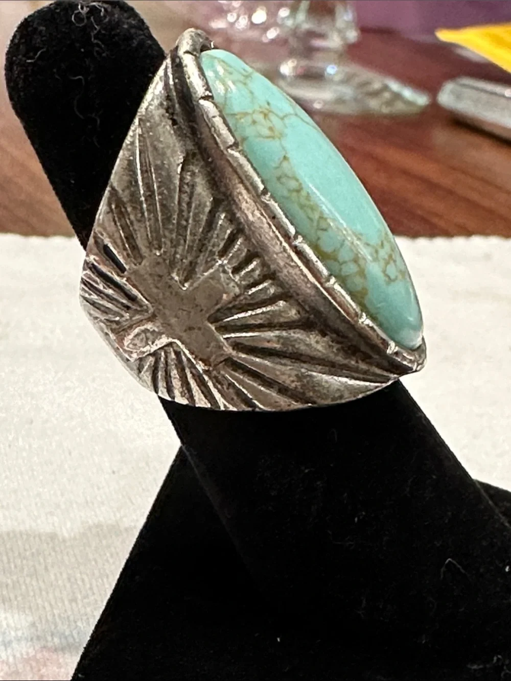 Vintage Southwestern Silver-Tone Cross Ring Turquoise-Color Cabochon Sz 5-3/4